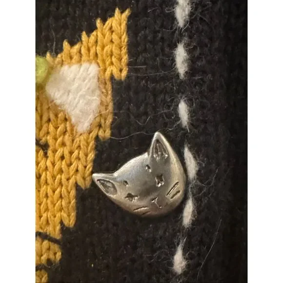 Vintage Susan Bristol Knit Cat Pattern Button Front Cardigan Black Multi XL - Picture 9 of 11